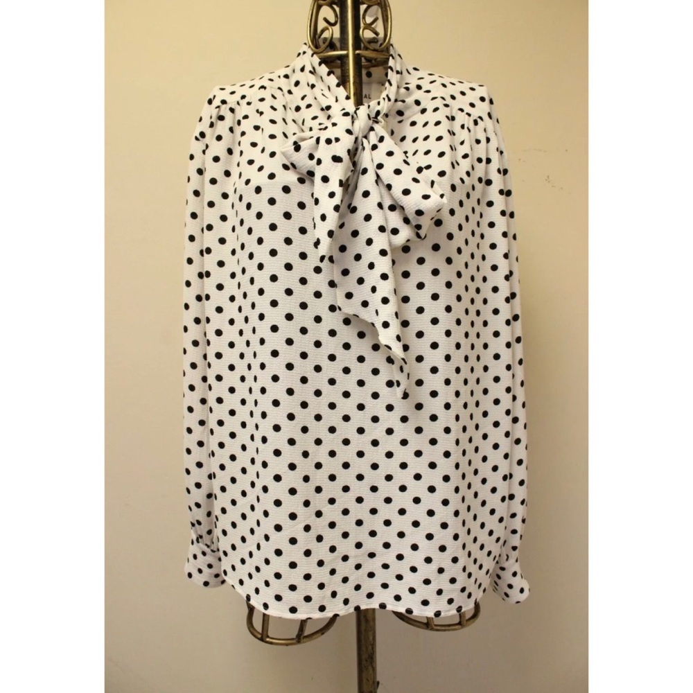 Baacal Polka Dot Tie Neck Bow Long Sleeve Blouse